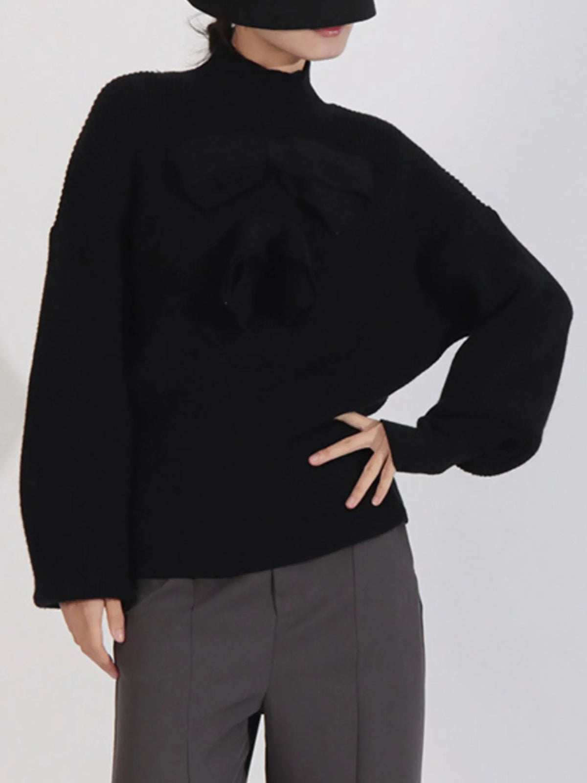 Bow Front Turtleneck Long Sleeve Sweater - Lilixa.store