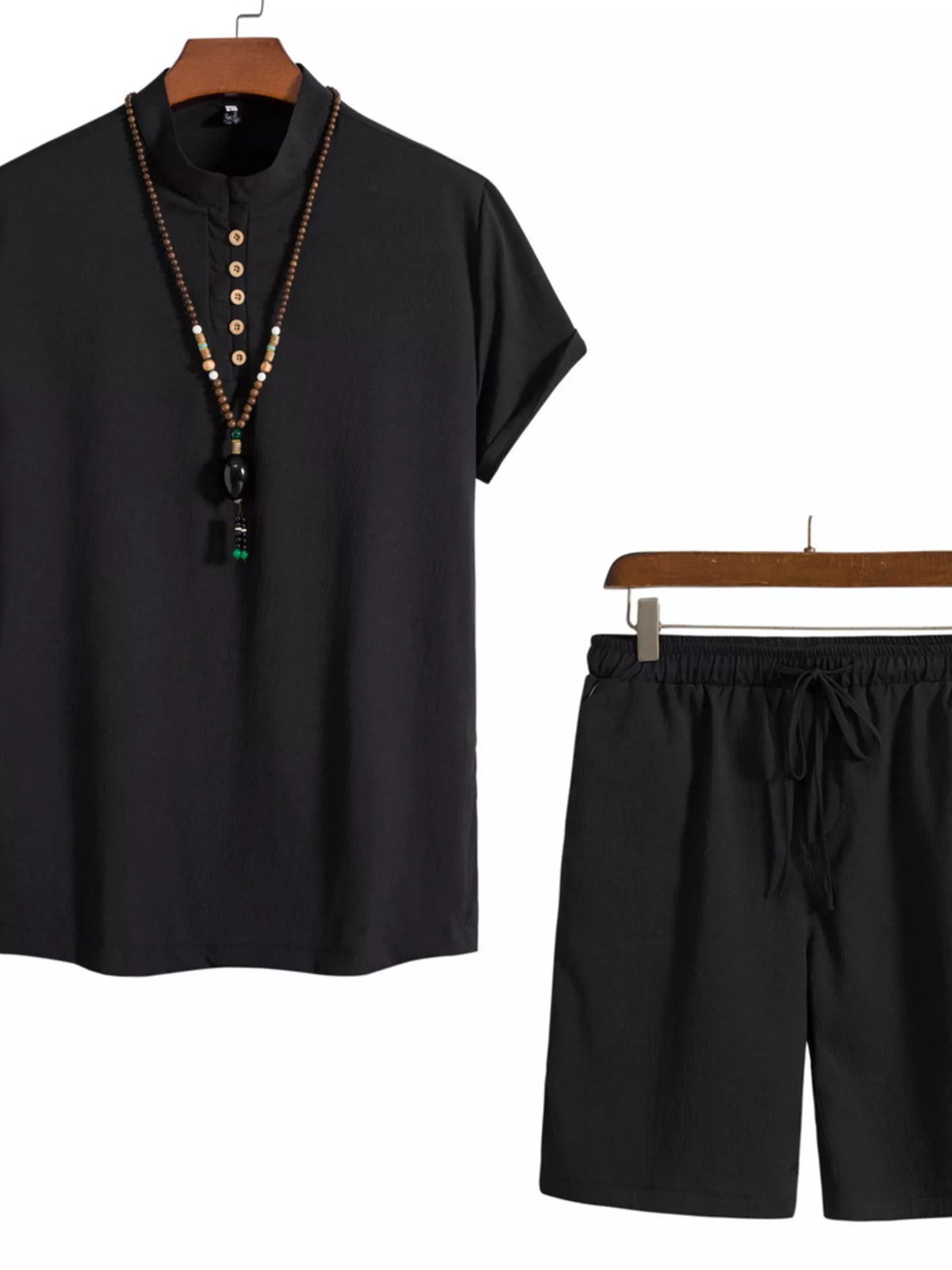 Men's Plus Size Casual Mandarin Collar Short Sleeve Shirt and Shorts Set - Lilixa.store