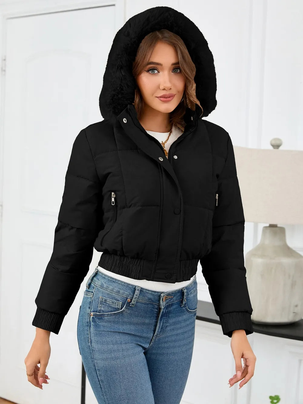 Pocketed Long Sleeve Cropped Hooded Winter Coat - Lilixa.store