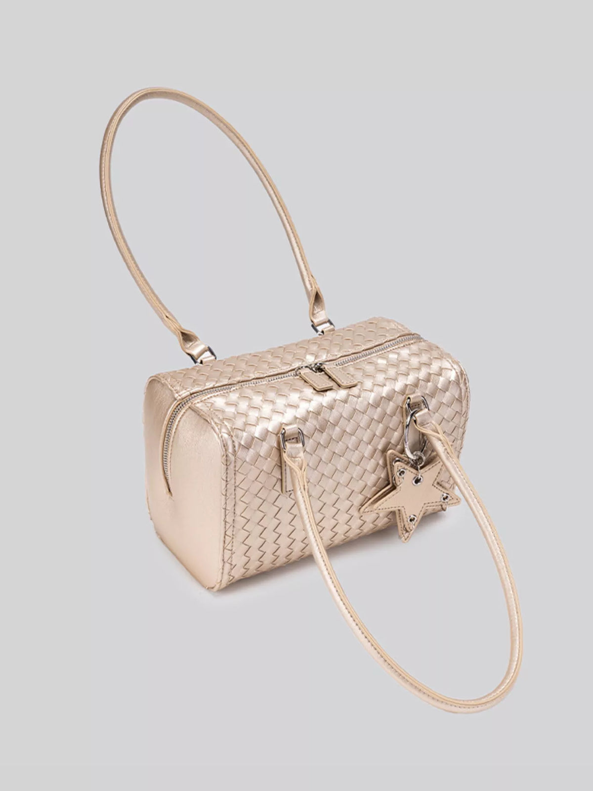 Metallic Woven Texture Shoulder Bag with Star Charm in Champagne, view 7