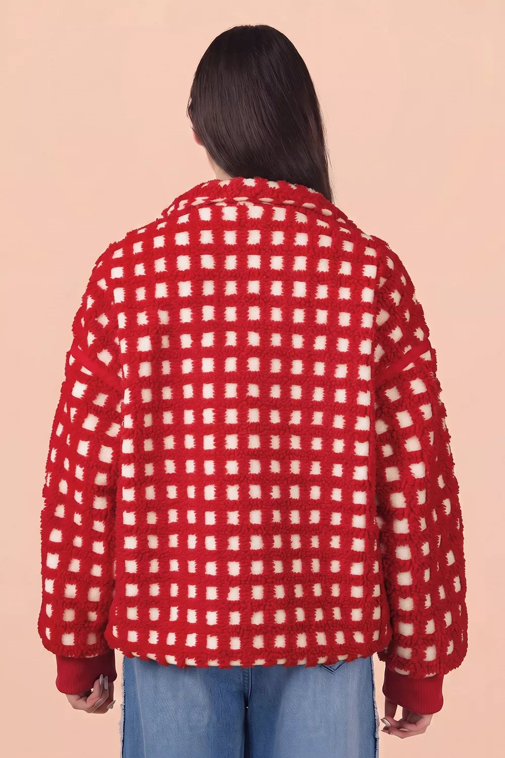 Plaid Zip-Up Long Sleeve Outerwear in Deep Red, view 4