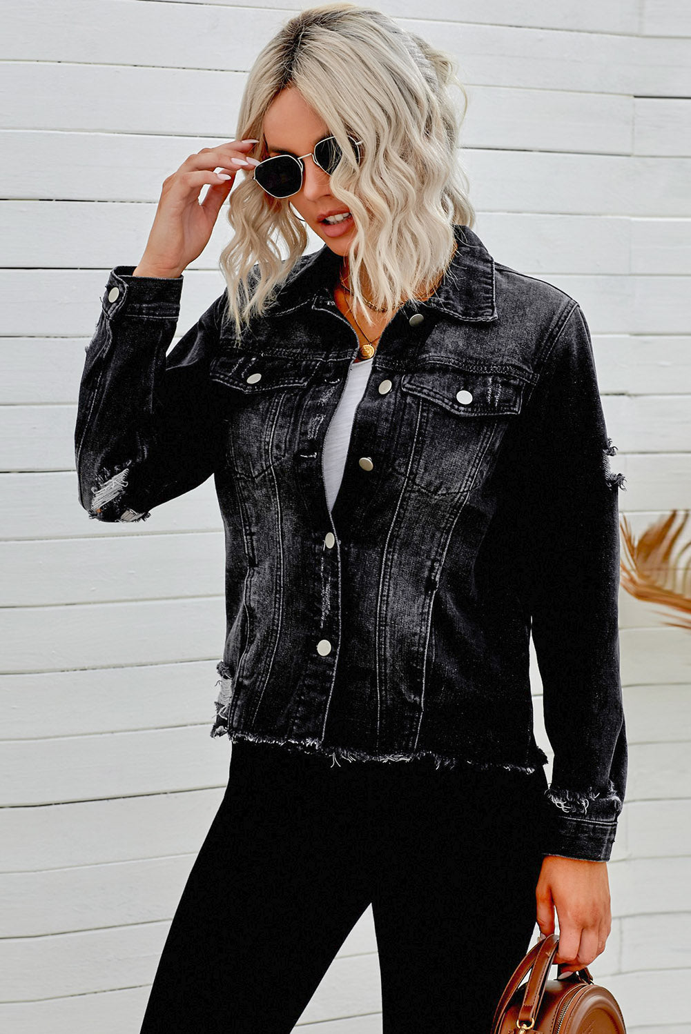 Distressed Raw Hem Buttons Denim Jacket in Black, view 4