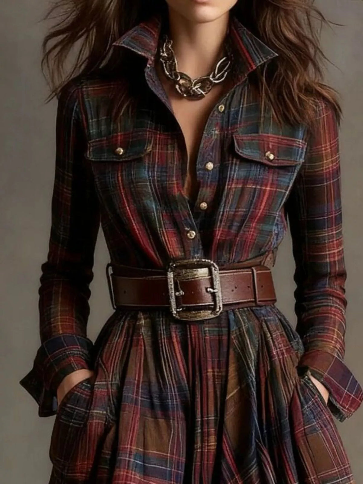 Full Size Plaid Long Sleeve Shirt Dress Plus Size