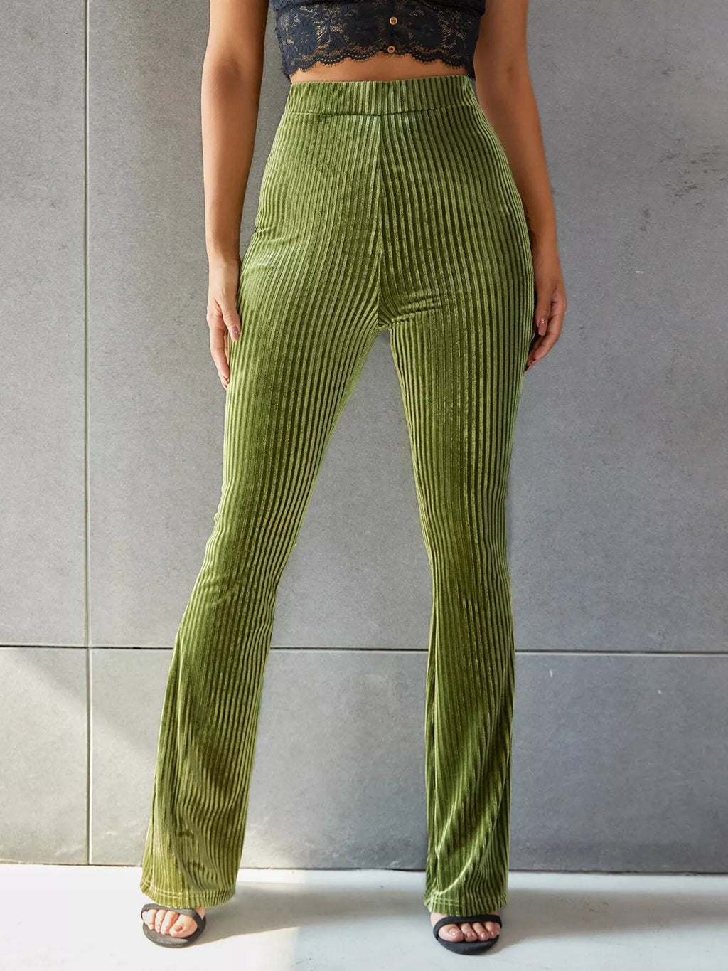 High-Waisted Ribbed Velvet Flare Pants - Lilixa.store
