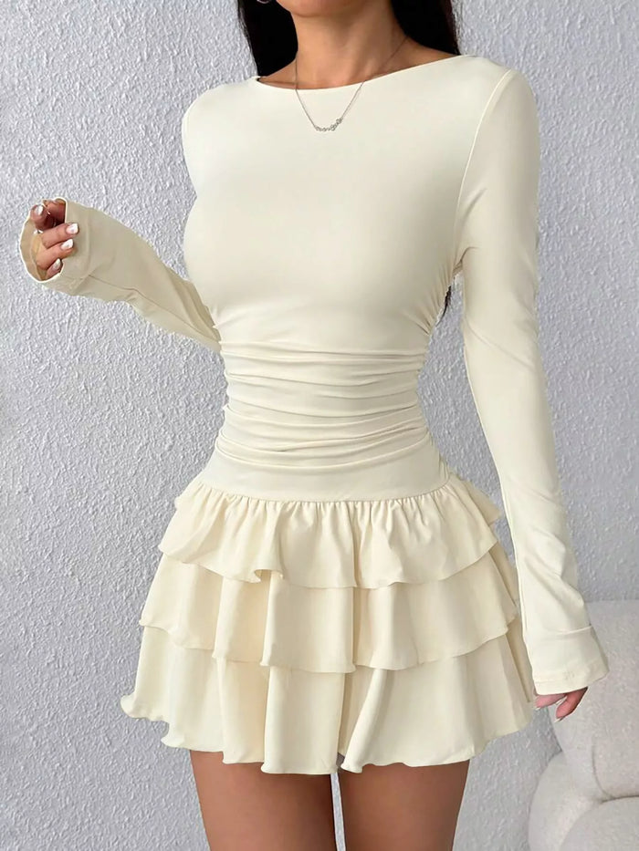 Layered Ruffle Long Sleeve Mini Dress in Apricot