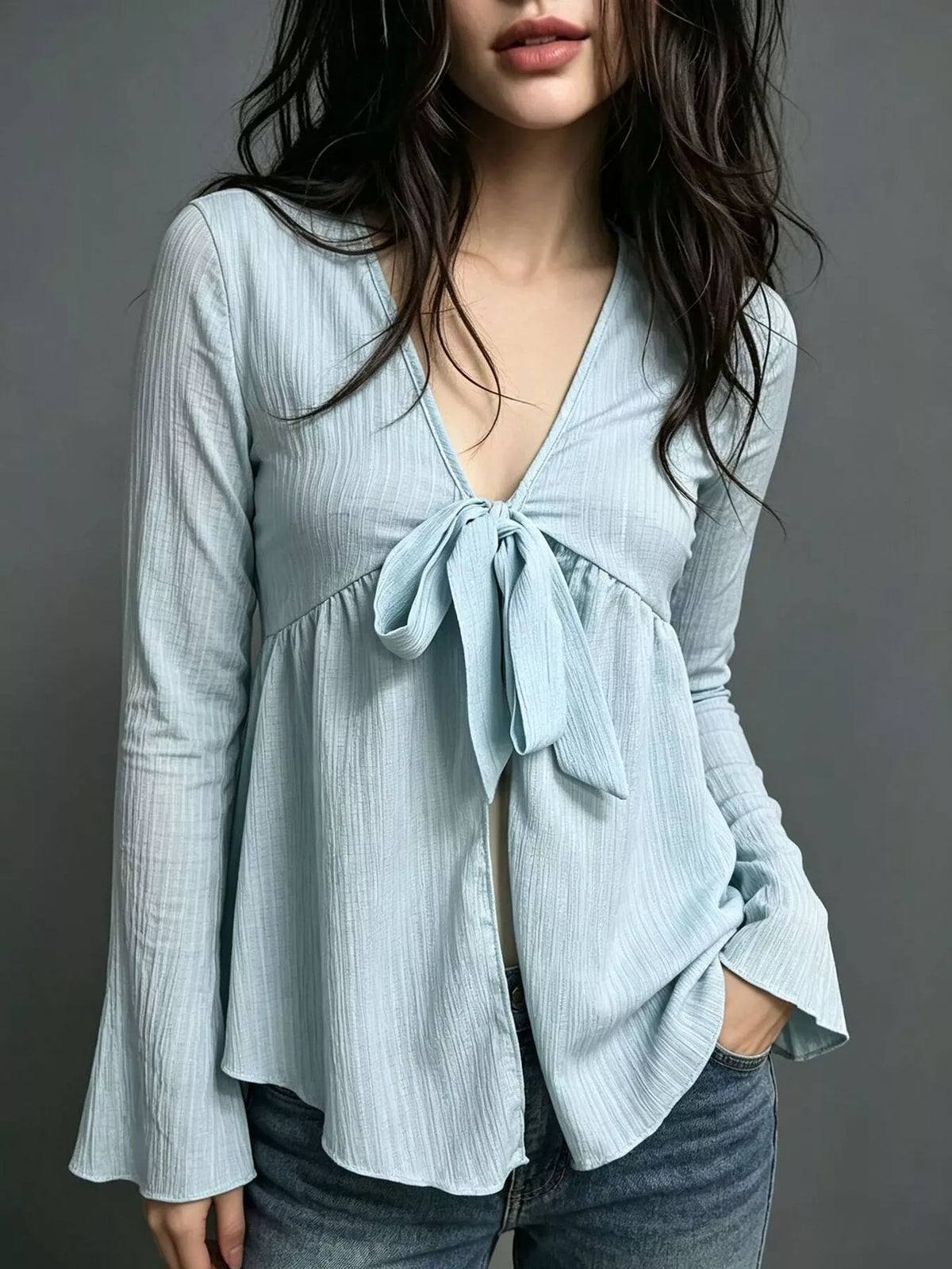 Tie-Front Flare Sleeve Blouse - Lilixa.store