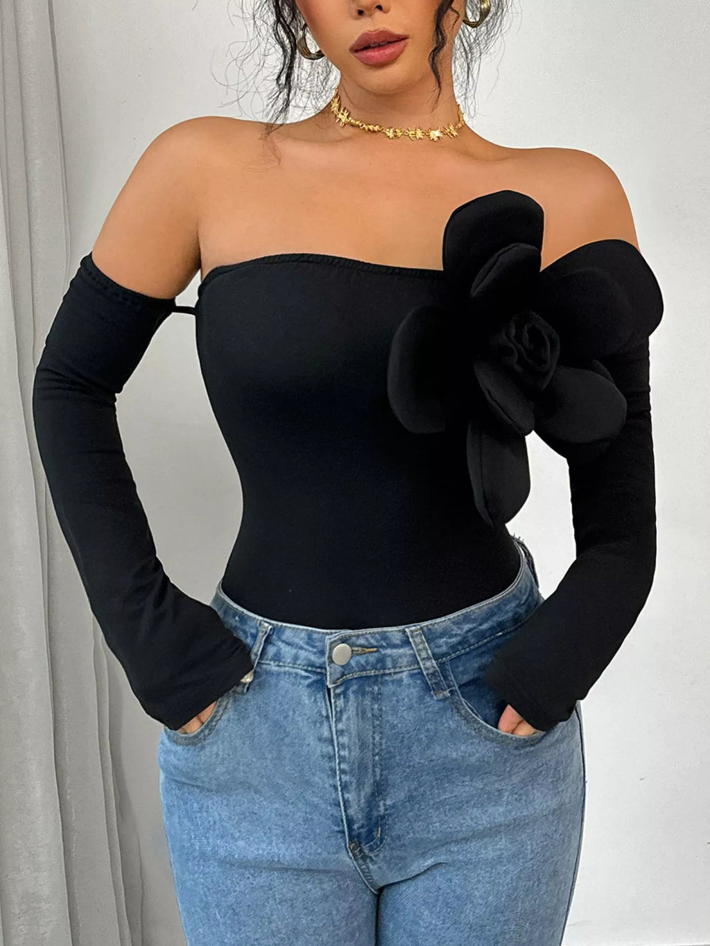 Flower Off-Shoulder Long Sleeve Bodysuit - Lilixa.store