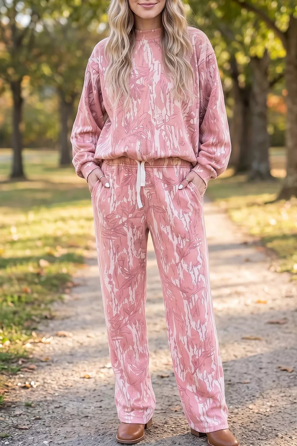 Multicolour Abstract Botanical Print Top and Drawstring Pants Set - Lilixa.store