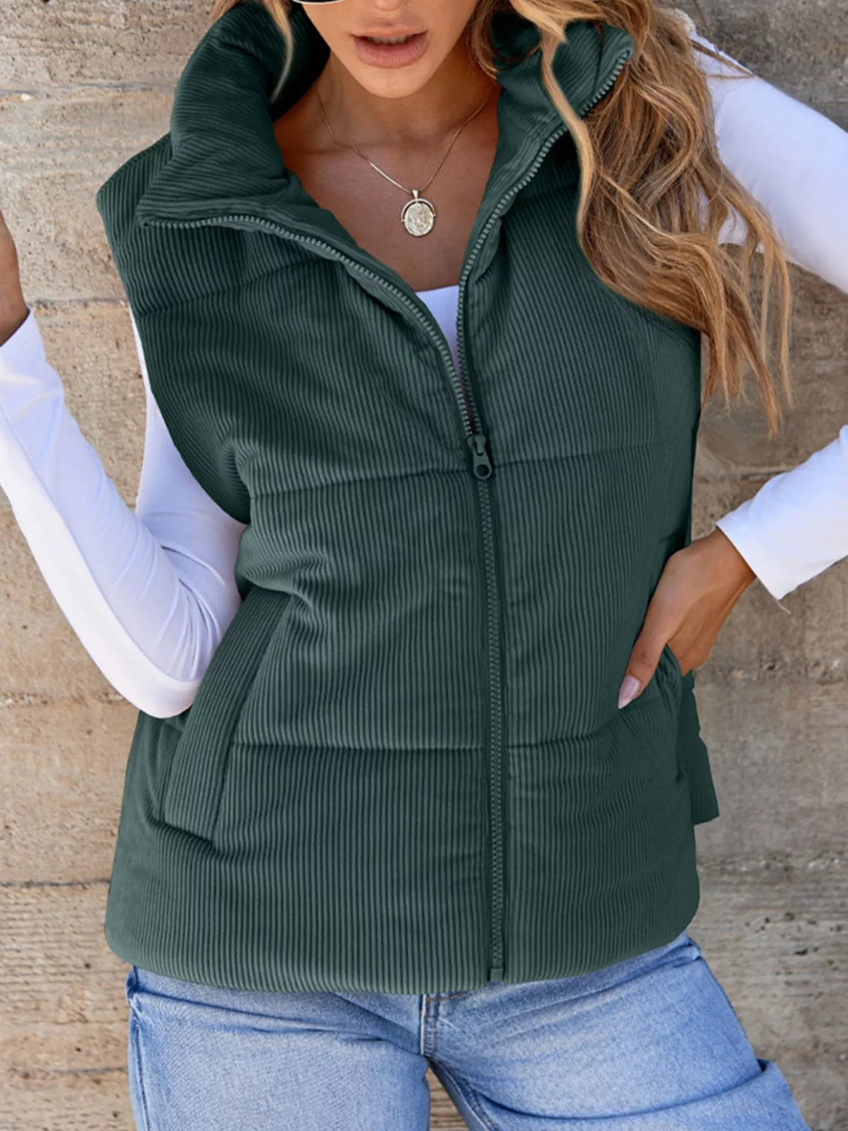 Corduroy Zip Up Vest Coat in Green