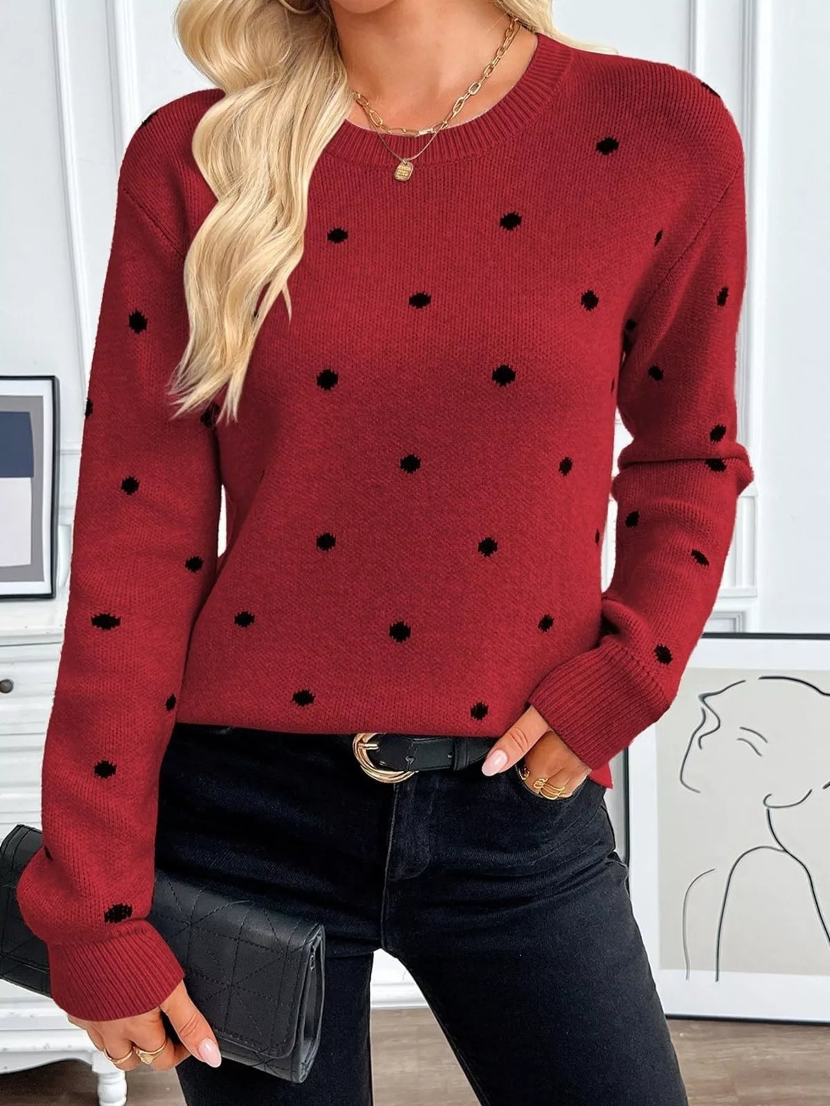 Polka Dot Crew Neck Sweater - Lilixa.store