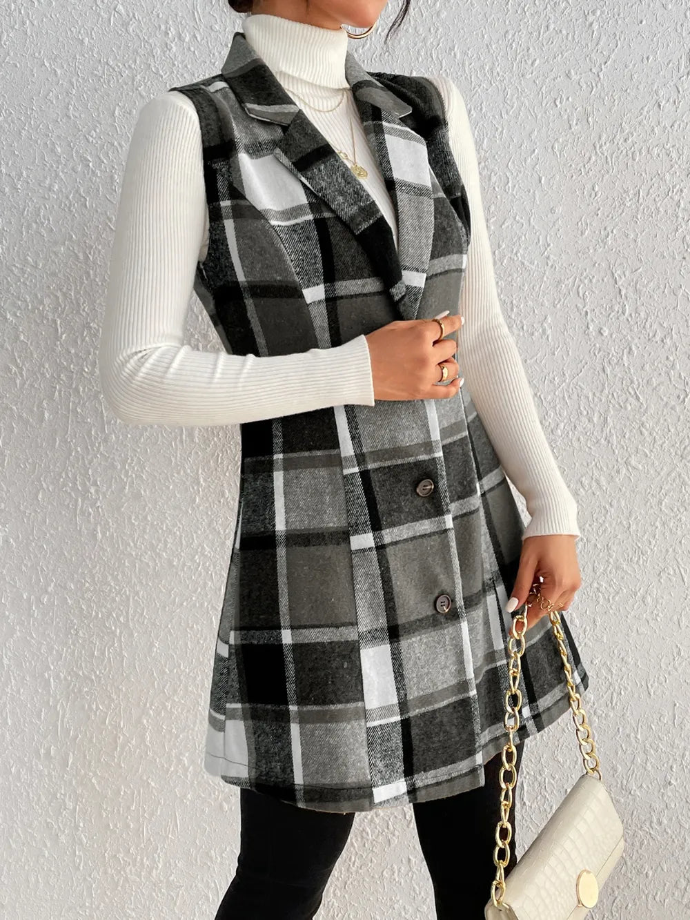 Honey Plaid Button Up Vest Coat, view 5