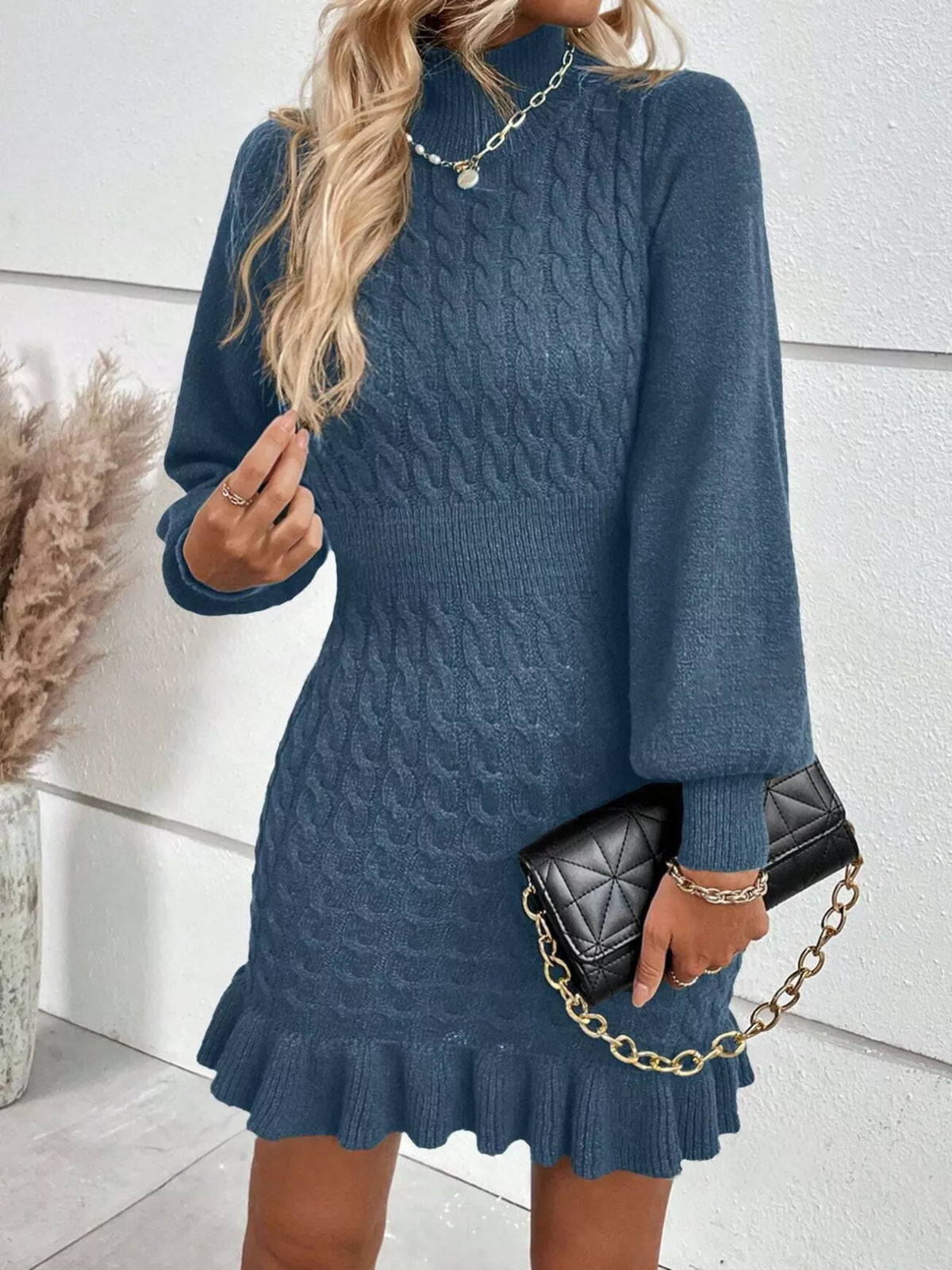 Cable Knit Mock Neck Ruffle Hem Sweater Dress in Gray Blue