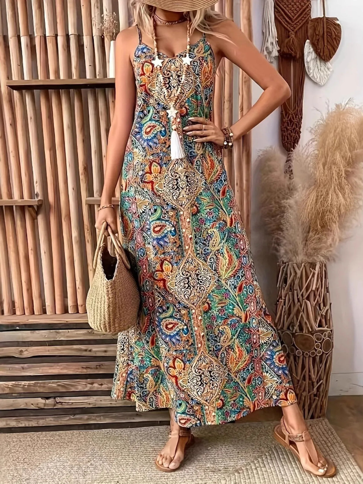 Paisley Print V-Neck Maxi Dress in Turquoise