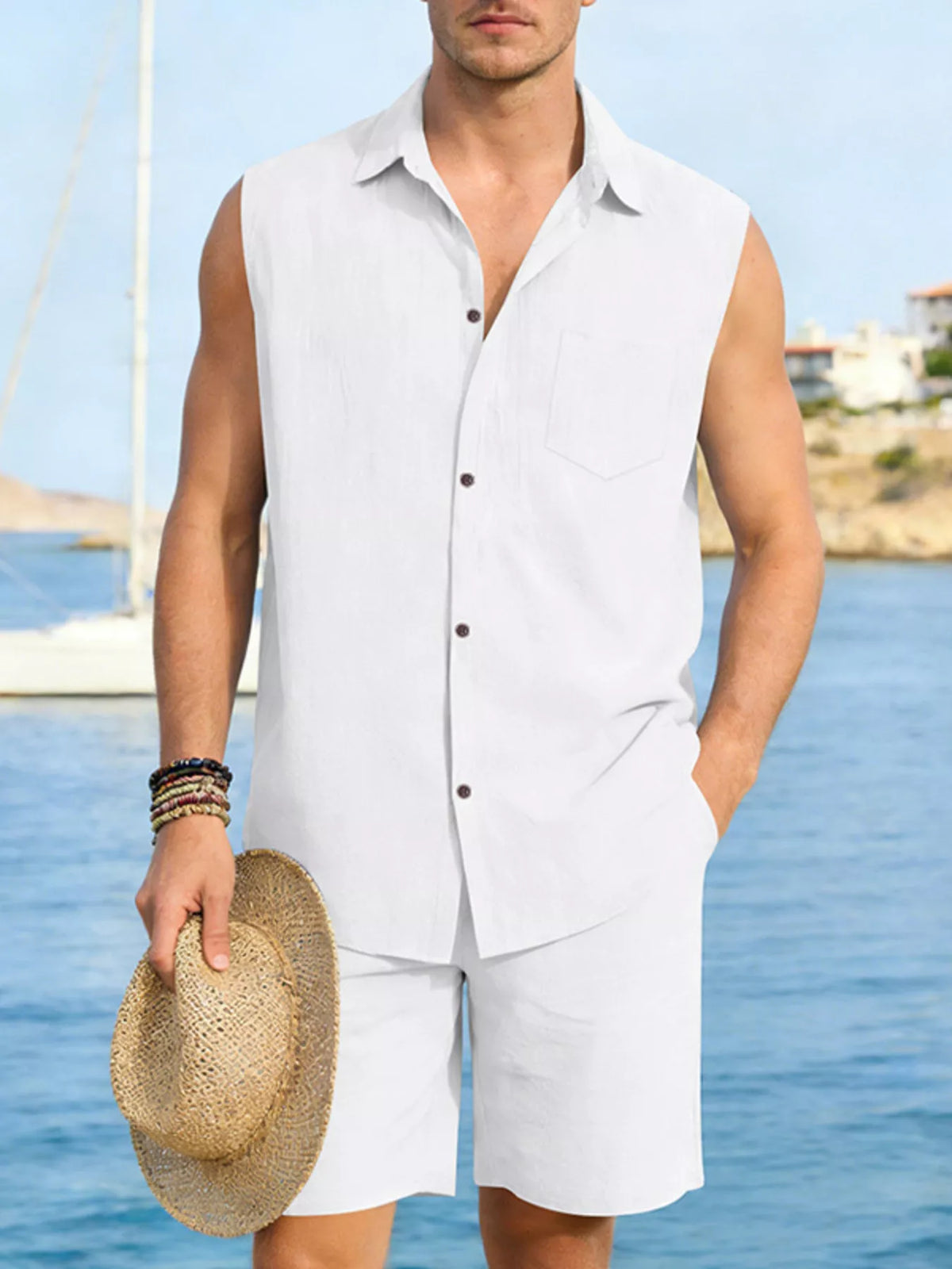 Men's Full Size Button Up Sleeveless Top and Shorts Plus Size - Lilixa.store