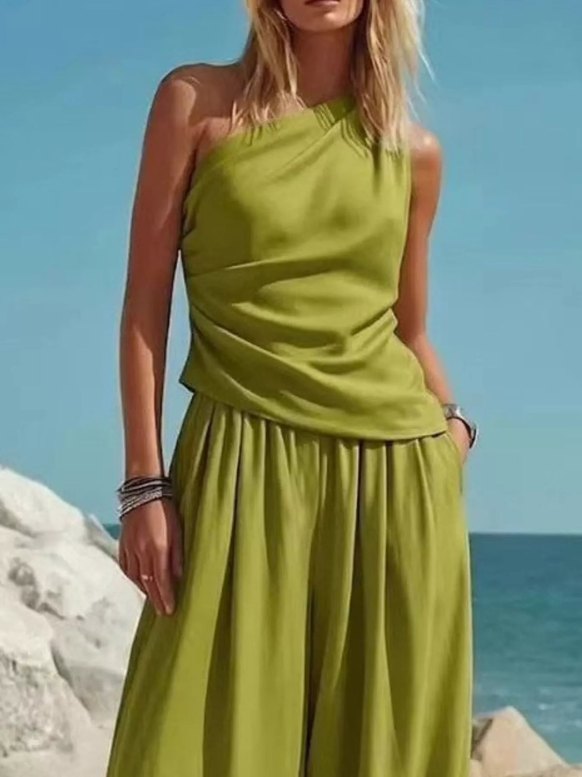 Full Size One-Shoulder Sleeveless Top and Harem Pants Set Plus Size - Lilixa.store
