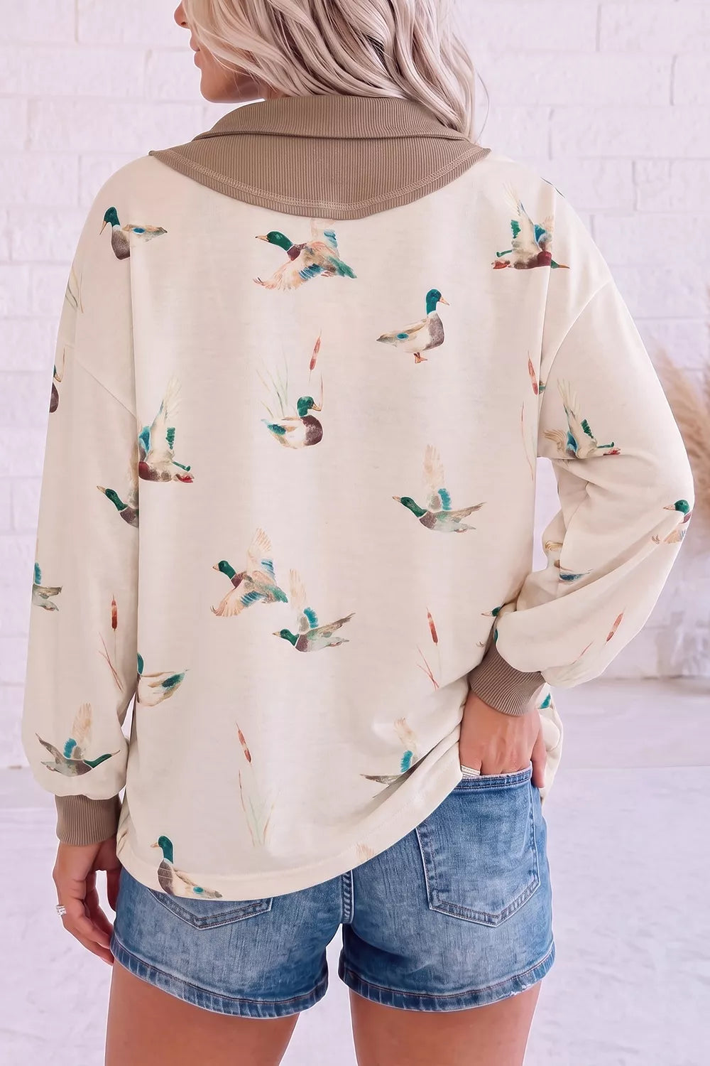 Quarter-Zip Duck Print Casual Sweatshirt - Lilixa.store