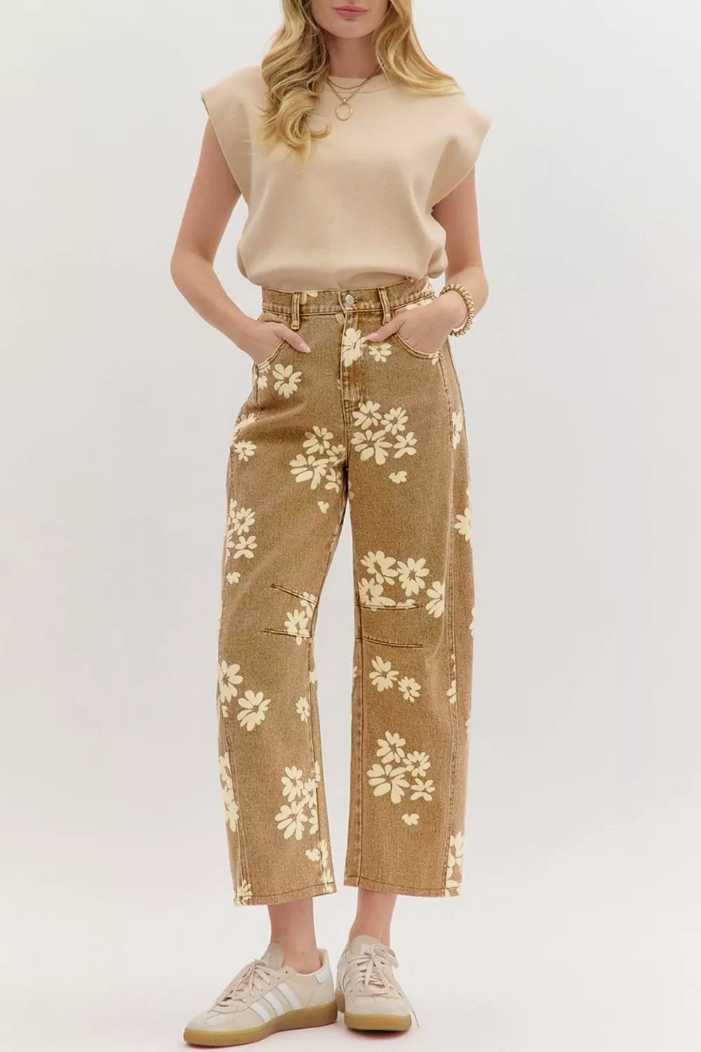 Floral Print Metal Button Pleated Straight Leg Jeans - Lilixa.store