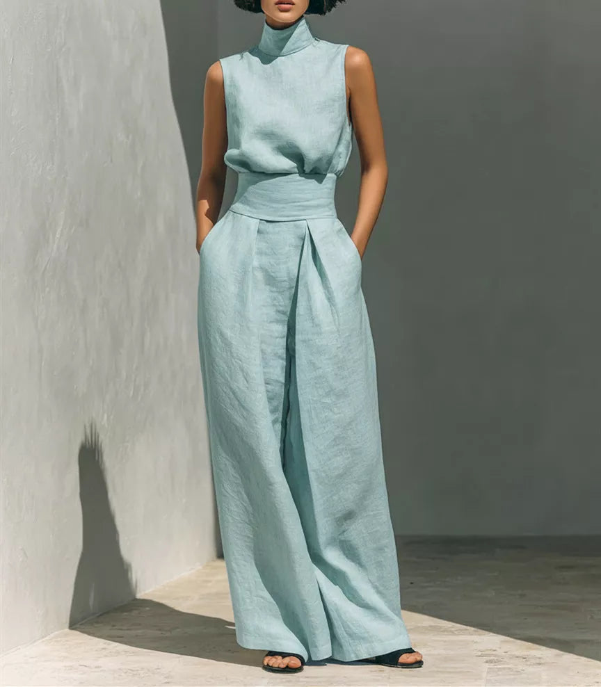 Full Size Turtleneck Sleeveless Top and Wide Leg Pants Set Plus Size - Lilixa.store