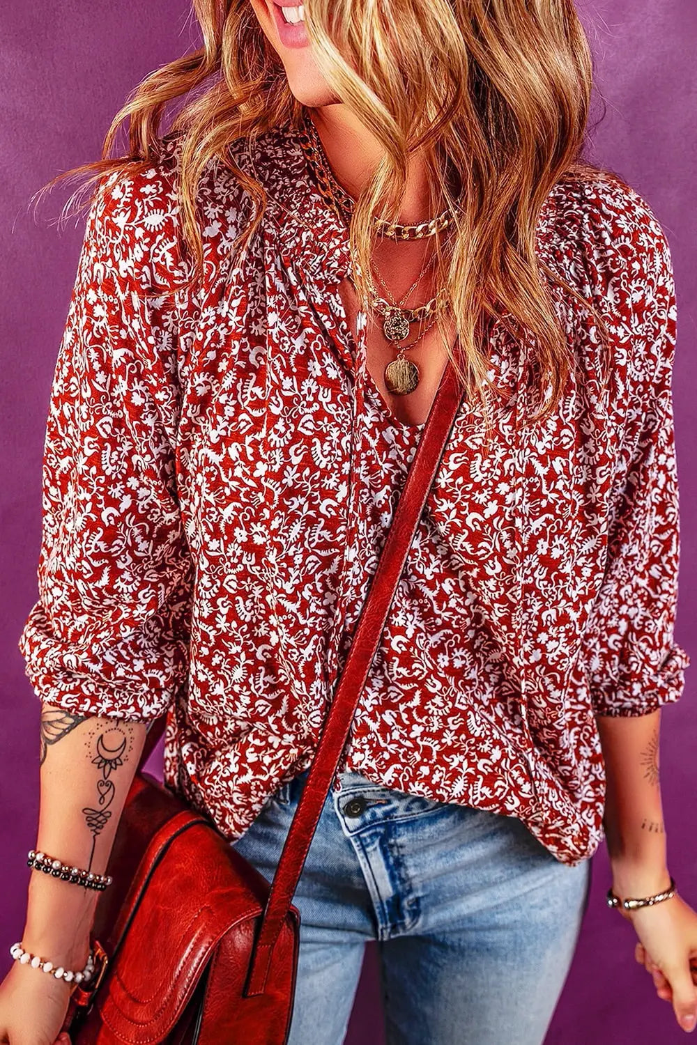 Printed Tie Neck Balloon Sleeve Blouse - Lilixa.store