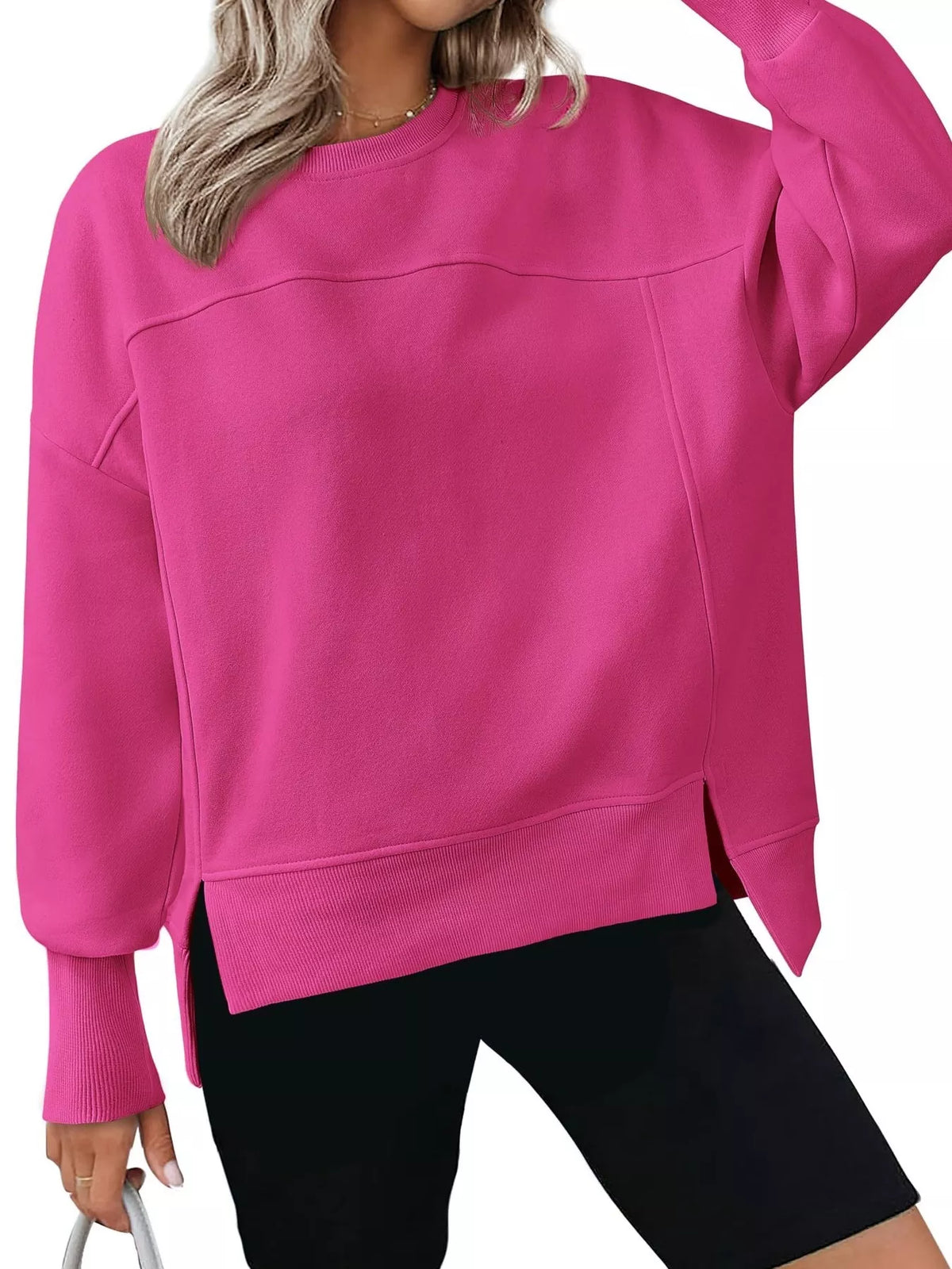Slit Round Neck Dropped Shoulder Sweatshirt - Lilixa.store