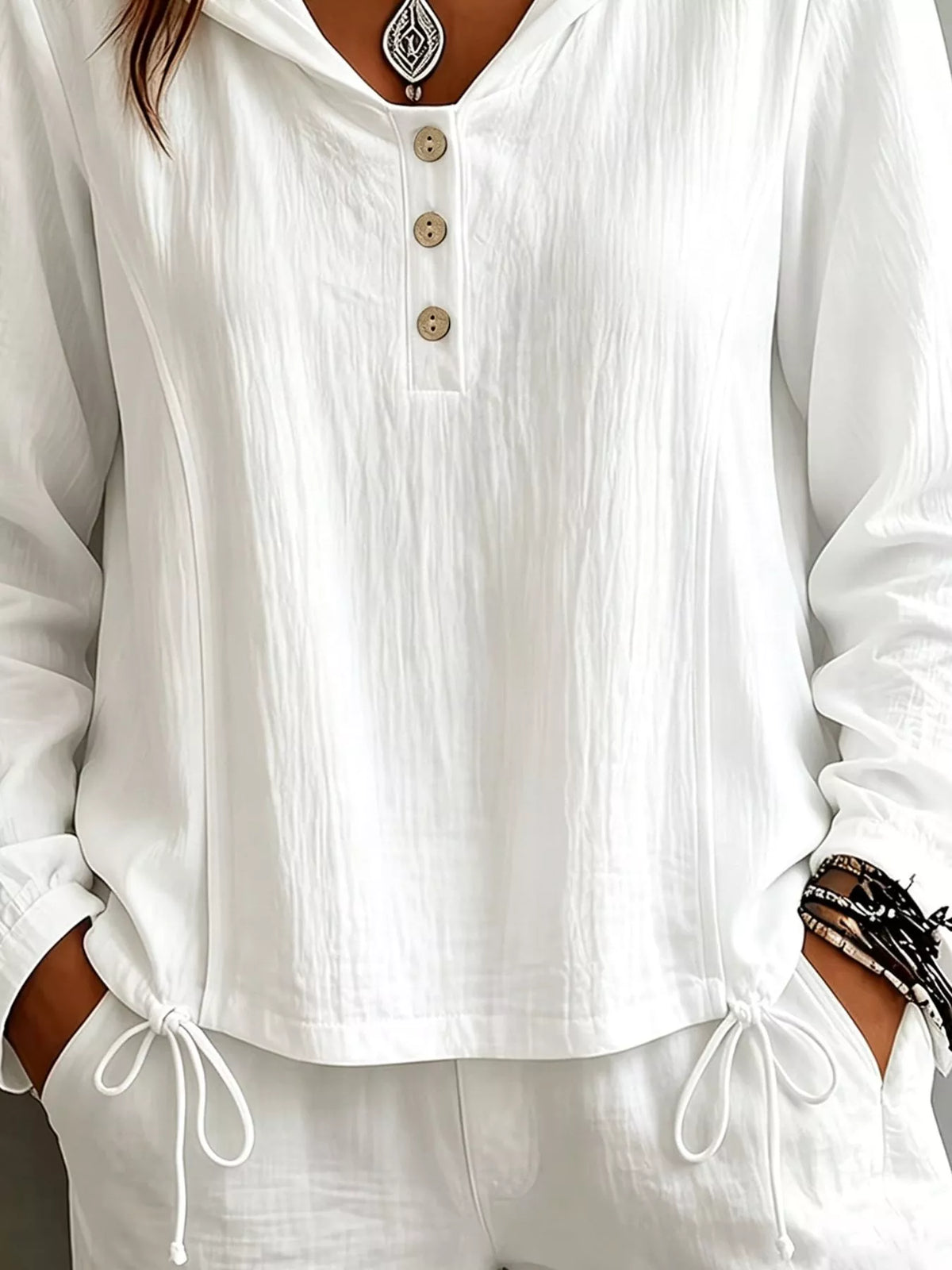 Button Detail Long Sleeve Hooded Blouse, view 2
