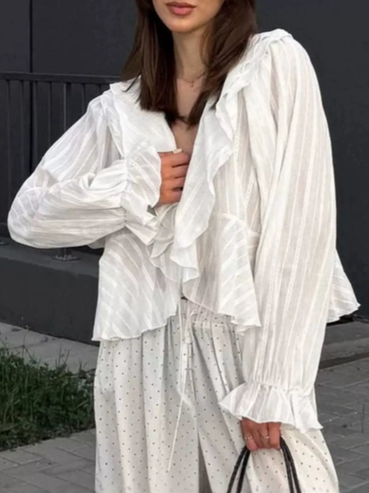 Ruffled Striped Flounce Sleeve Blouse in White, view 4