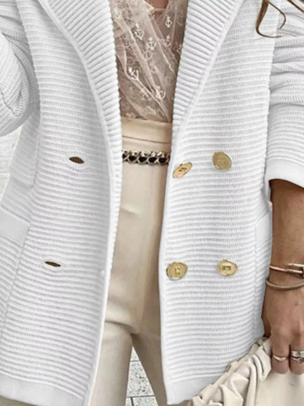 Texture Knit Double-Breasted Blazer - Lilixa.store