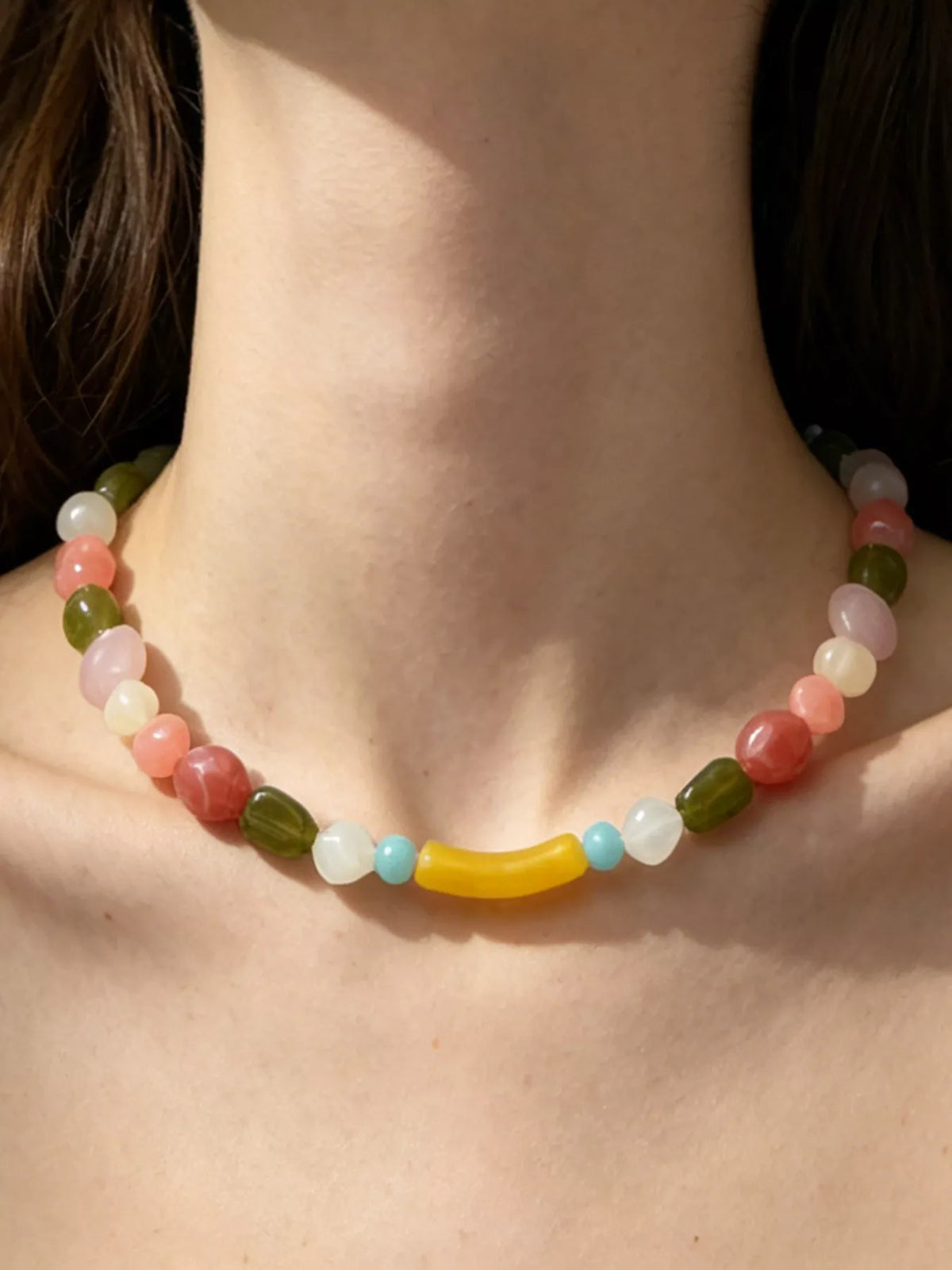 Colorful Beaded Choker Necklace in Pastel Yellow, view 2