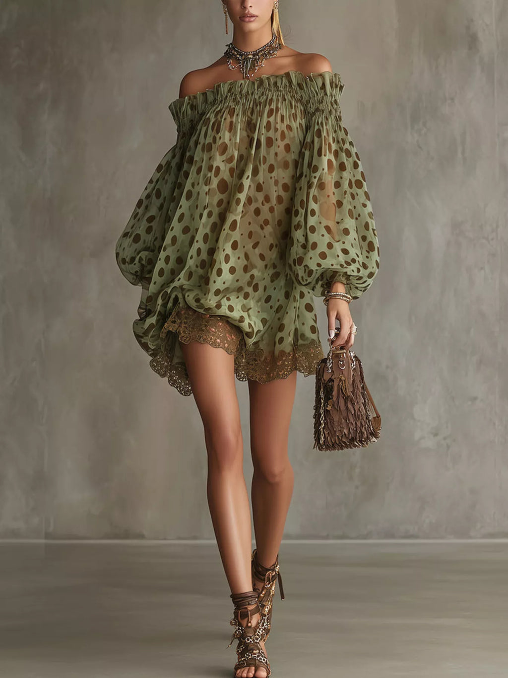 Off-Shoulder Polka Dot Sheer Mini Dress - Lilixa.store