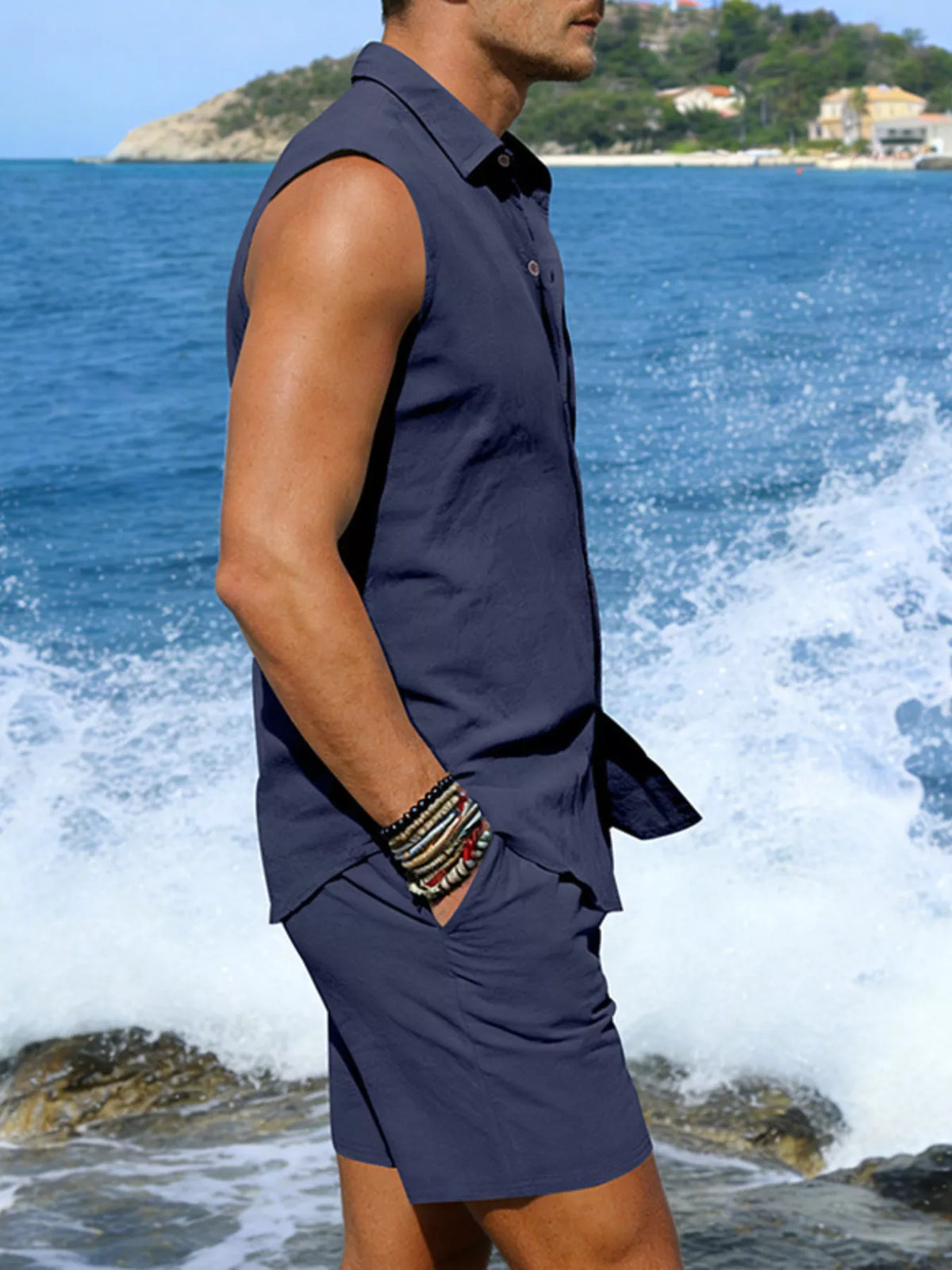Men's Full Size Button Up Sleeveless Top and Shorts Plus Size - Lilixa.store