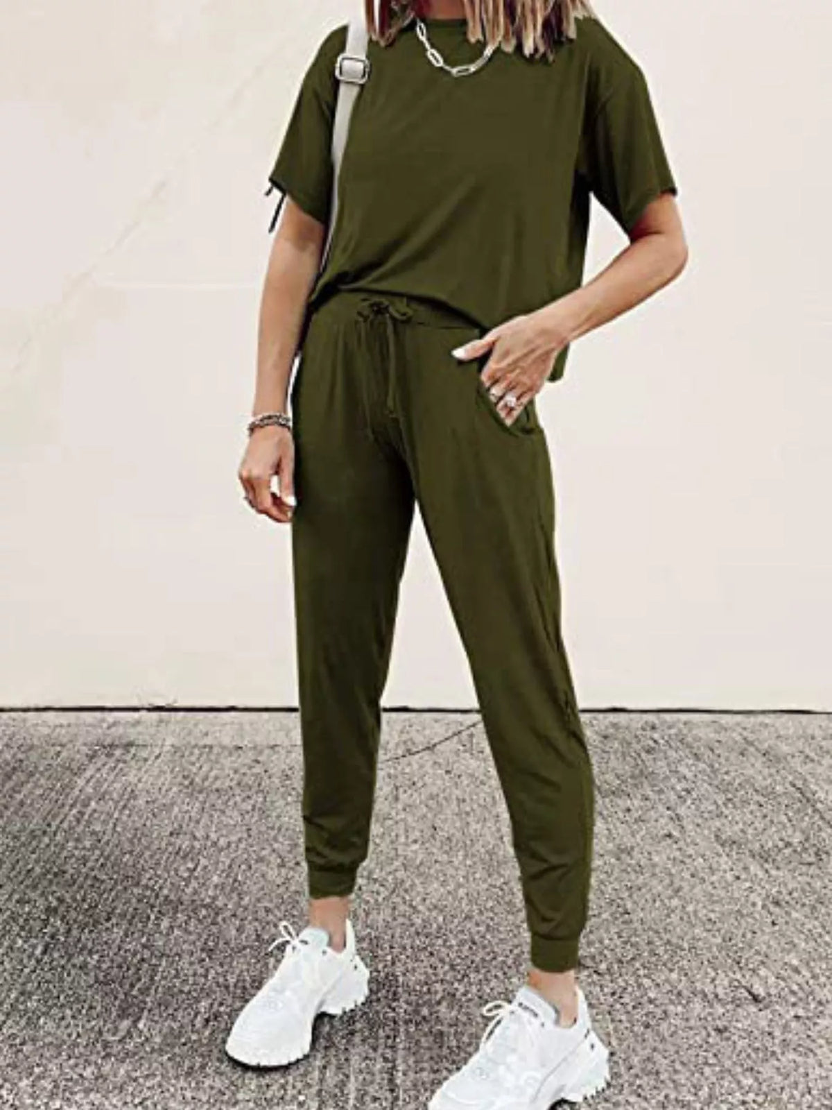 Full Size Round Neck Top and Drawstring Pants Set Plus Size - Lilixa.store