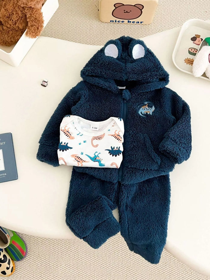 Children's Dinosaur Fleece Hoodie and Pants Set with Dinosaur Print Bodysuit in Navy Blue