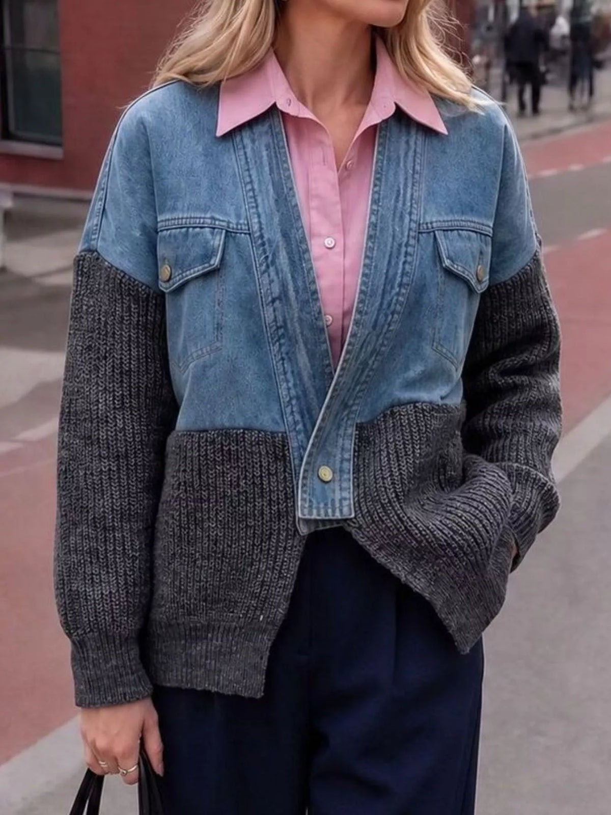 Contrast Denim and Knit Patchwork Cardigan - Lilixa.store