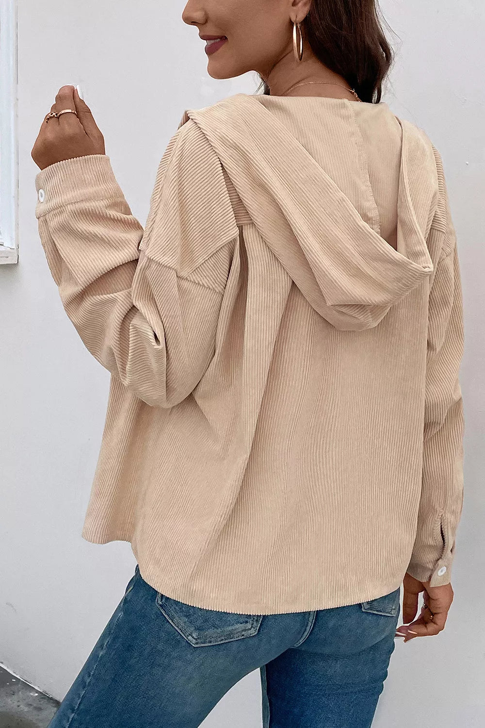 Perfee Ribbed Button Up Drawstring Hooded Jacket in Sand, view 2
