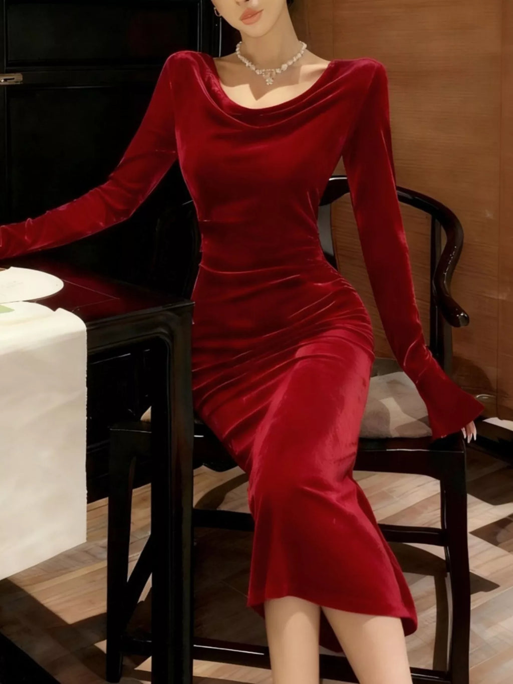 Velvet Cowl Neck Long Sleeve Midi Dress - Lilixa.store