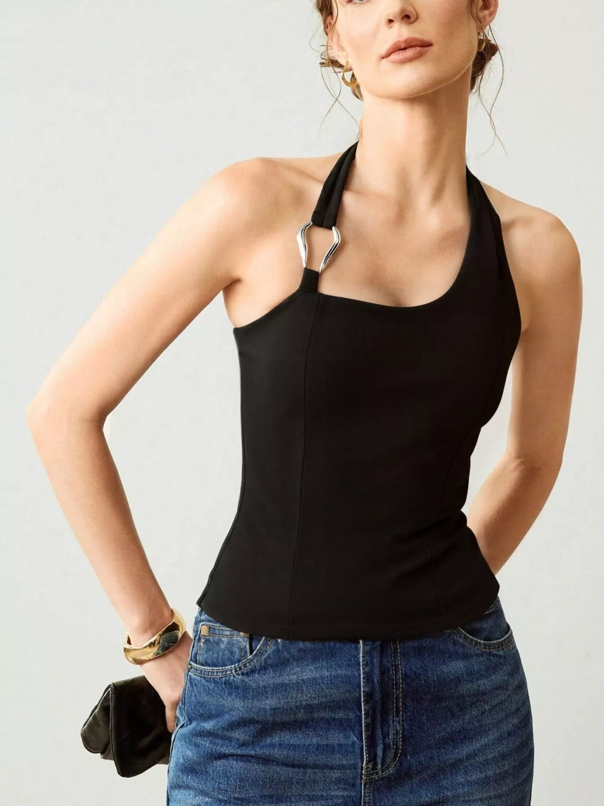 Halter Neck Tank with Metallic Ring Detail