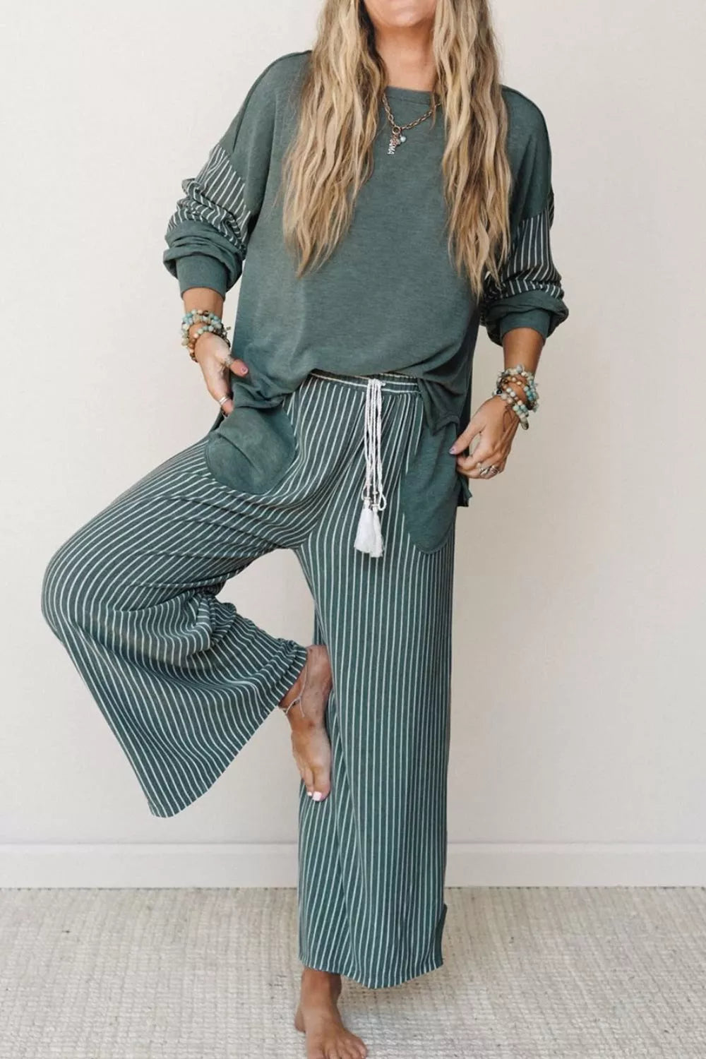 Raw Seam Patchwork Long Sleeve Top Pocket Casual Pants 2pcs Set in French Blue, view 5