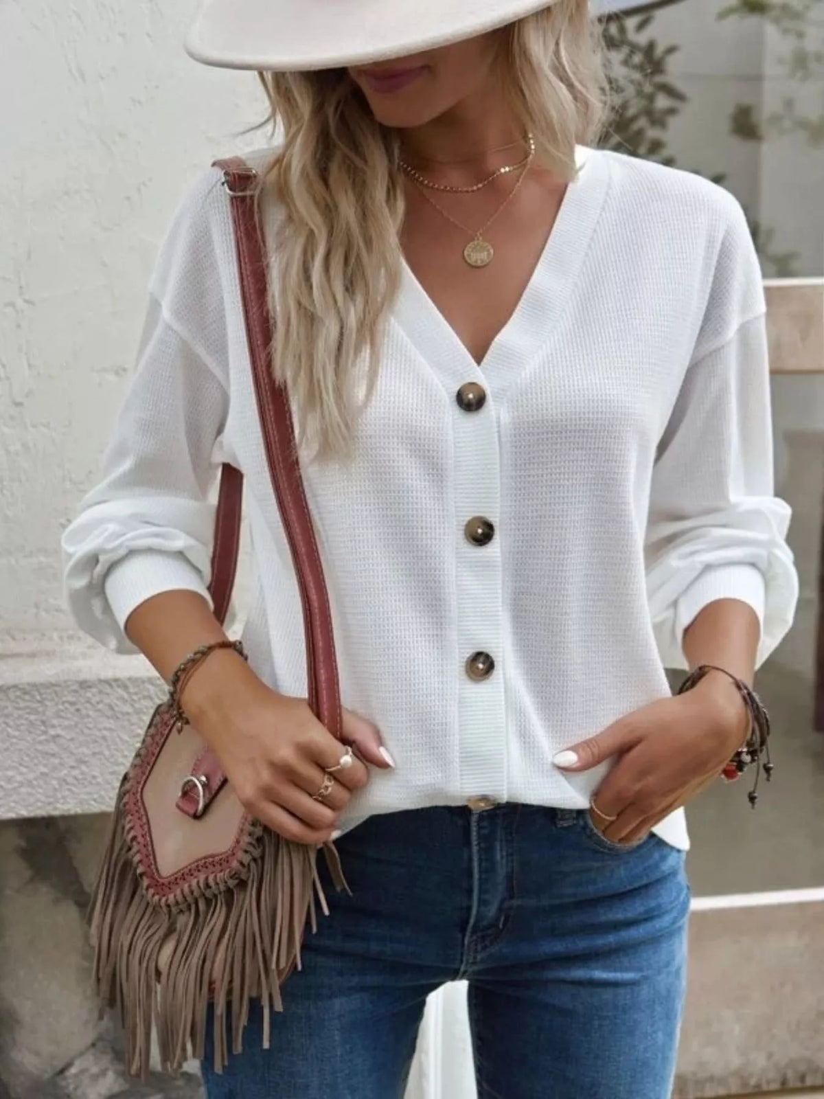 Casual V-Neck Waffle Long Sleeve Top in White