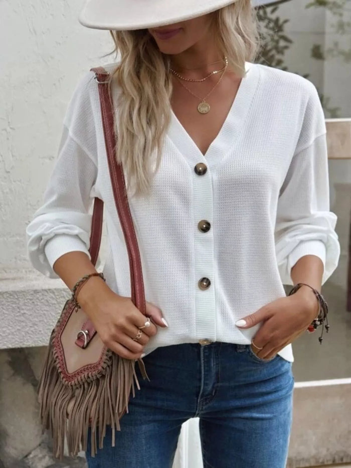 Casual V-Neck Waffle Long Sleeve Top in White
