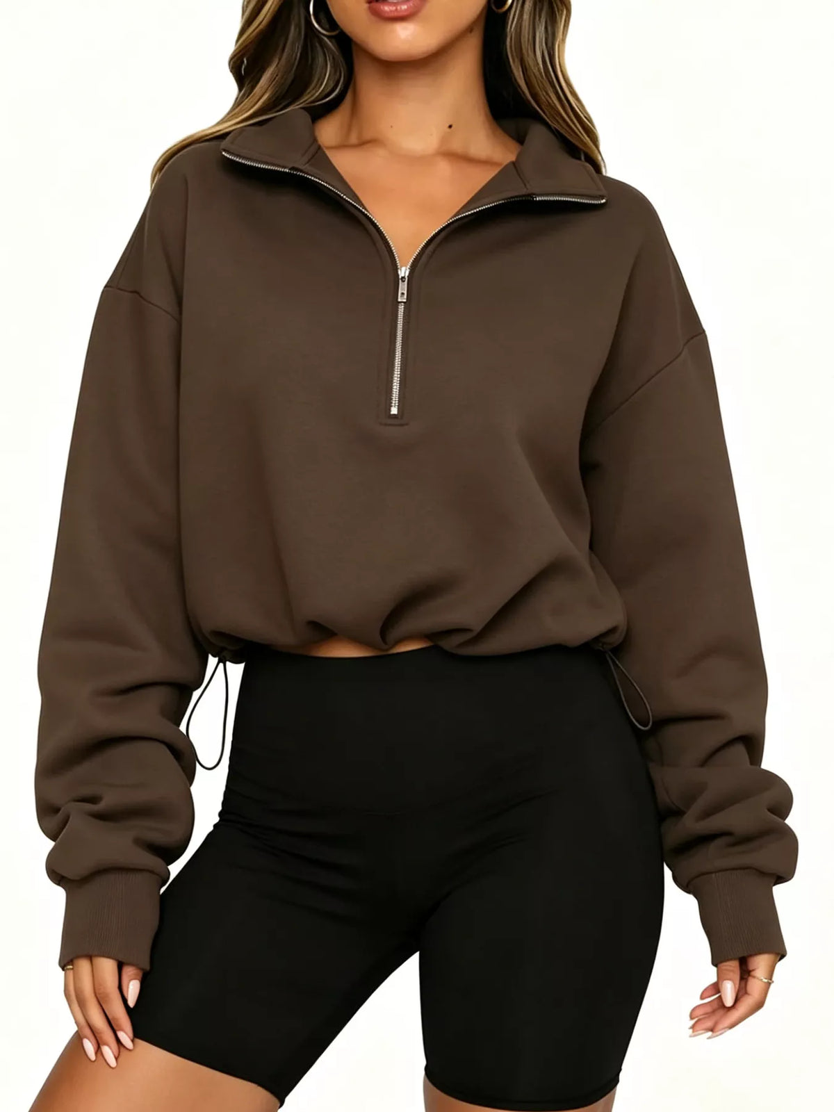 Half Zip Drawstring Hem Sweatshirt - Lilixa.store