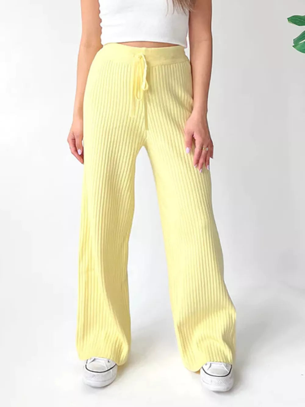 Ribbed Wide Leg Sweater Pants in Pastel Yellow