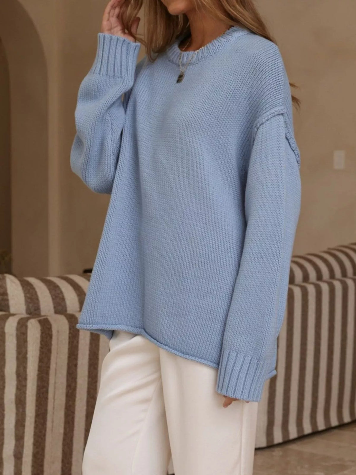 Crew Neck Dropped Shoulder Sweater, view 5