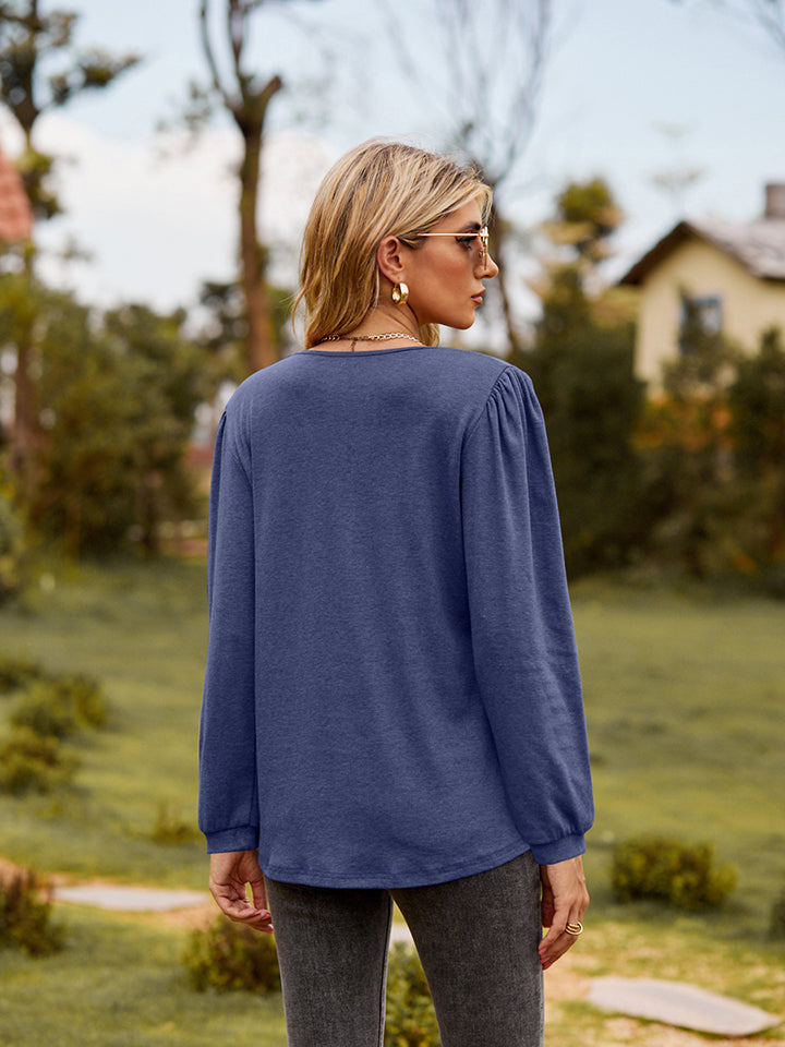 Puff Sleeve Ruffle Trim Blouse - Lilixa.store