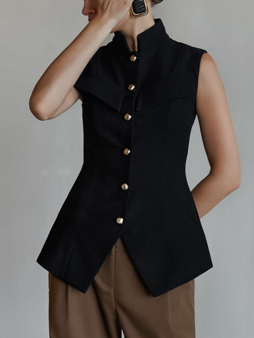 Stand Collar Button-Down Vest Coat - Lilixa.store