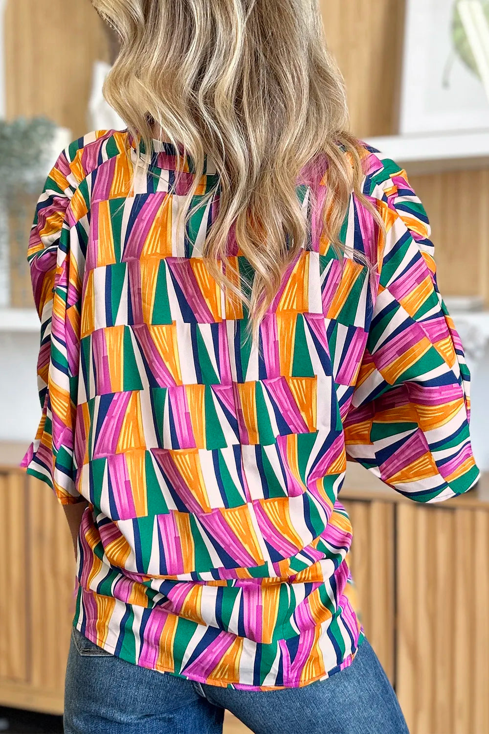 Double Take Full Size Geometric Notched Dolman Sleeve Top - Lilixa.store