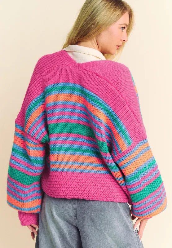 Contrast Striped Open Front Long Sleeve Cardigan - Lilixa.store