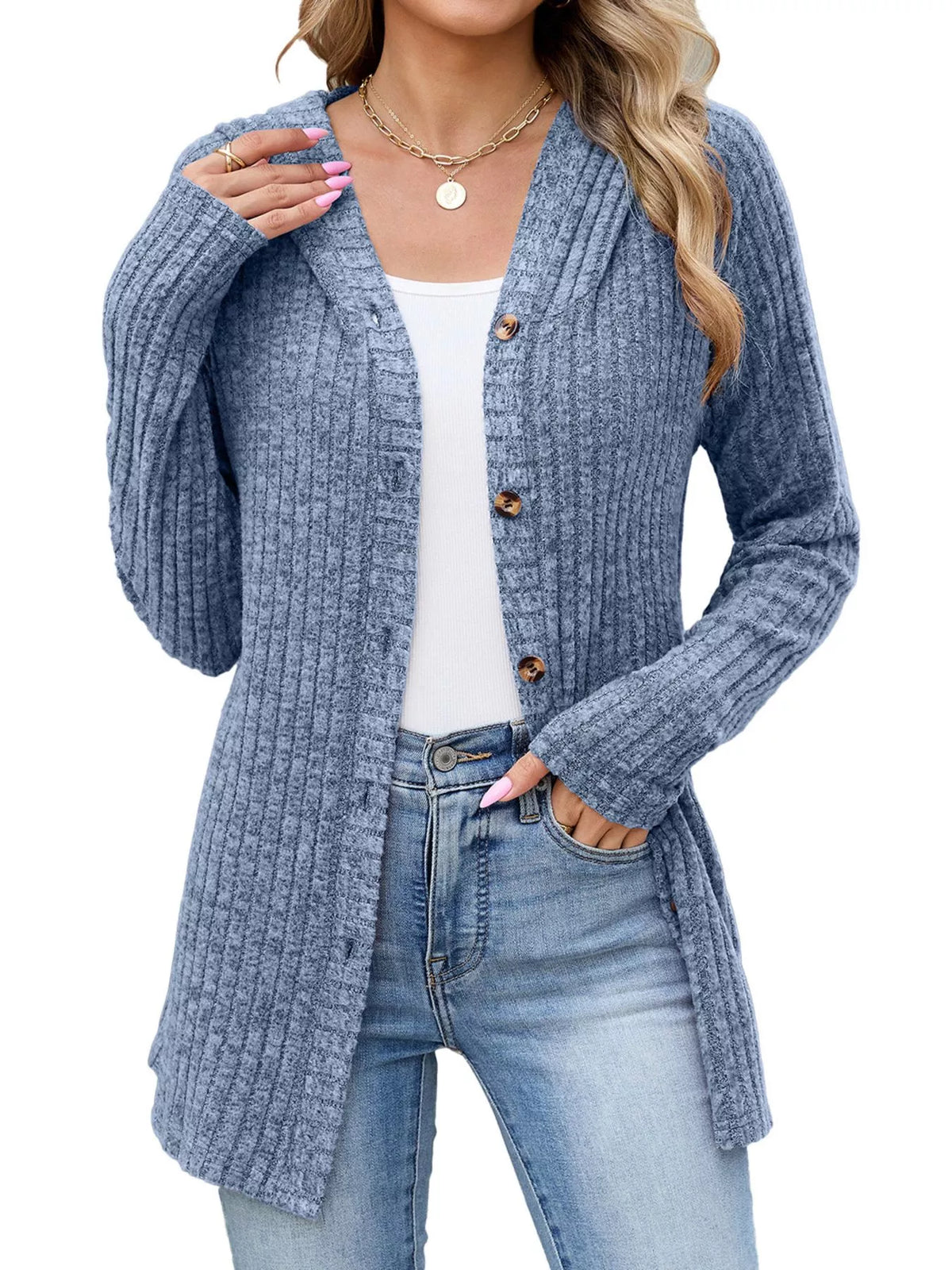 Ribbed Knit Hooded Button-Down Cardigan - Lilixa.store