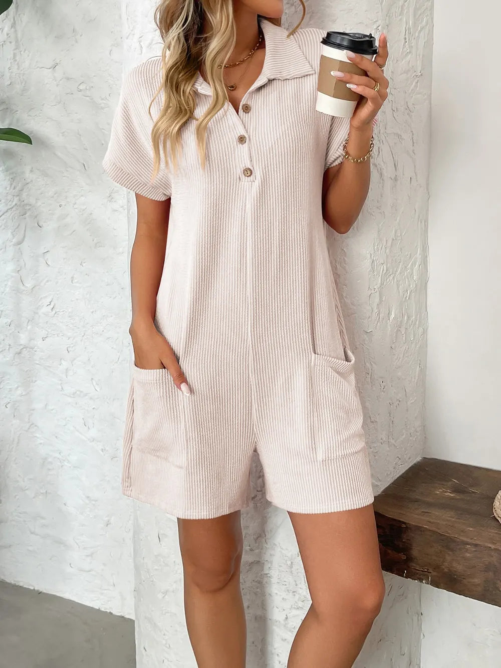Button Detail Collared Neck Short Sleeve Romper - Lilixa.store