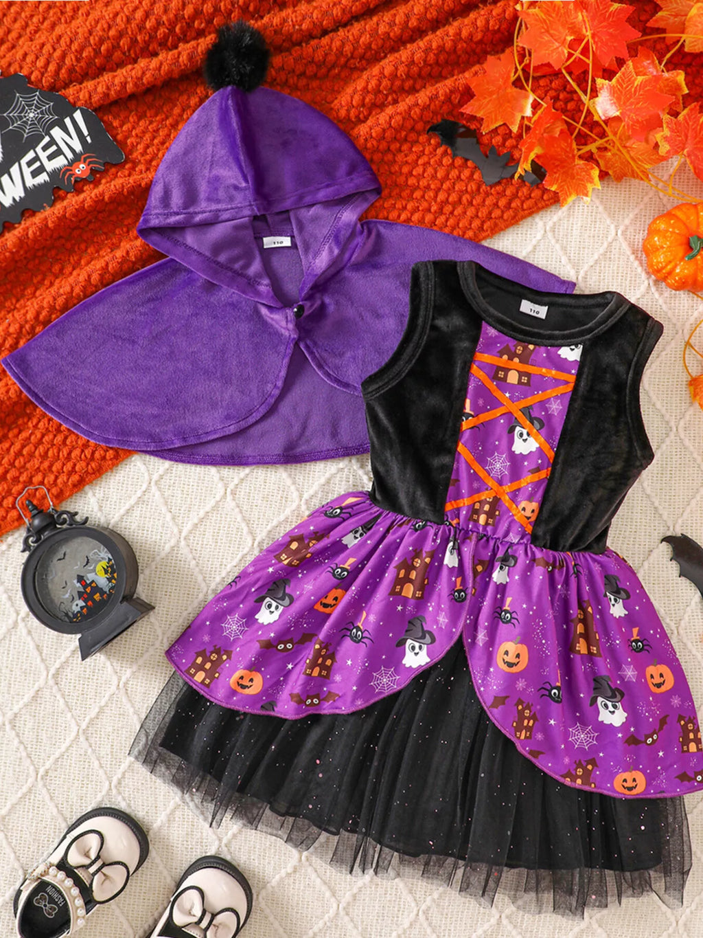 Children's Halloween Hooded Cape and Printed Dress Witch Costume Set - Lilixa.store