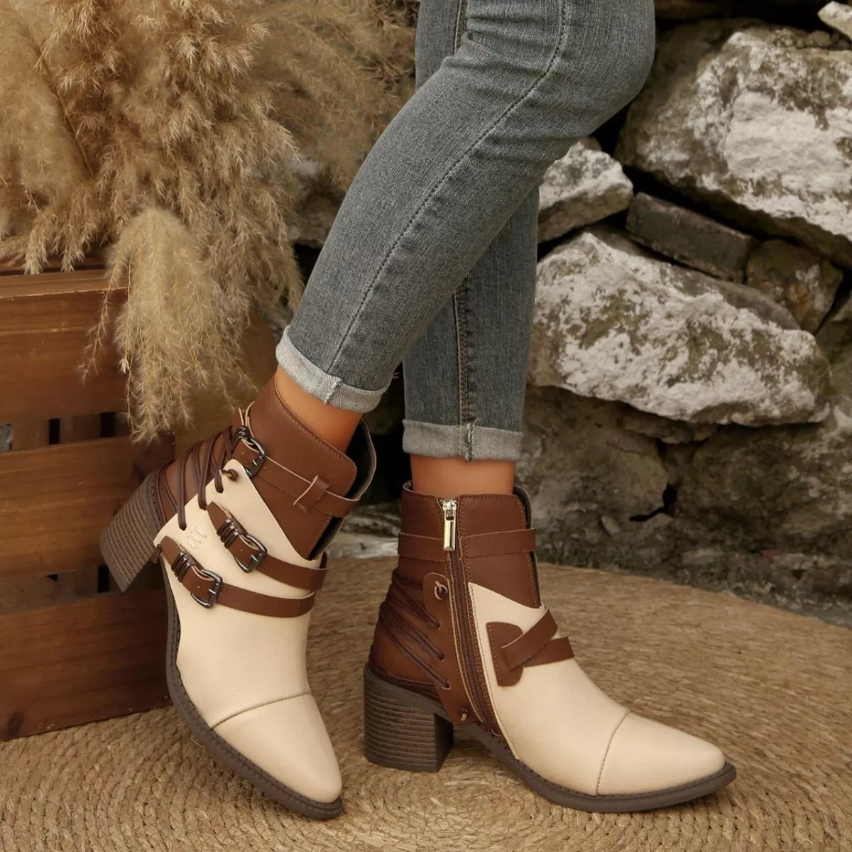 Point Toe Buckle Strap Ankle Boots with Block Heels - Lilixa.store